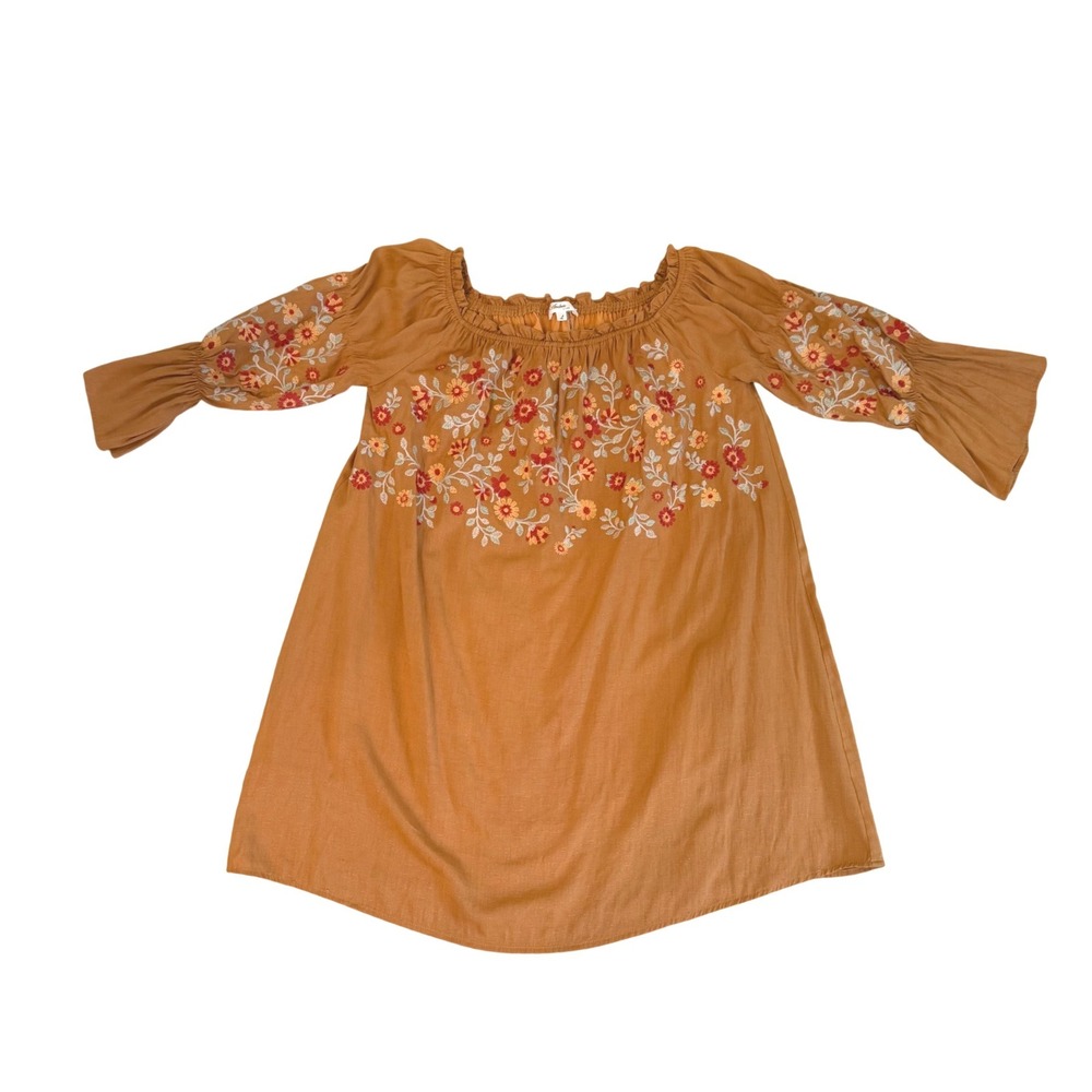 Andree by Unit Mustard Floral Off Shoulder Embroidered Boho Babydoll Dress L